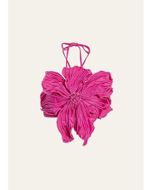 PATBO Pink Hand-beaded Flower Bikini Top
