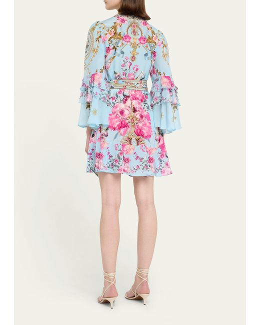 Camilla White Ruffle-sleeve Floral Silk Mini Wrap Dress
