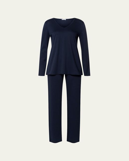 Hanro Blue Silk-Trim Mercerized Cotton Pajama Set