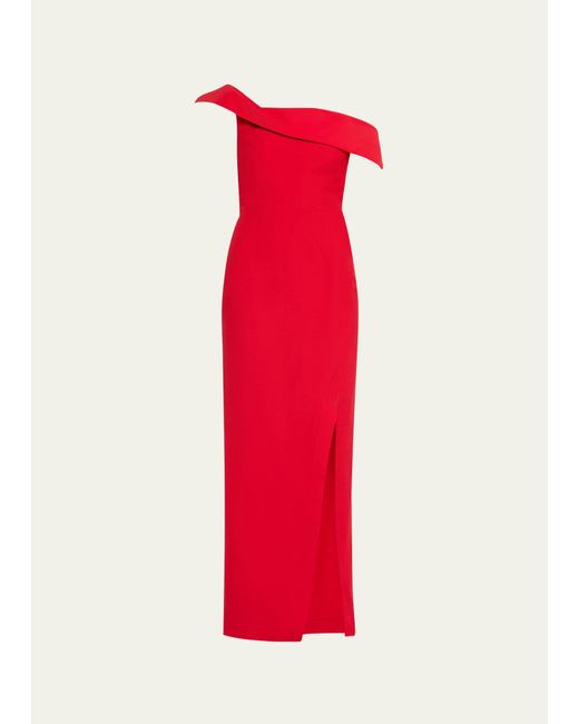 Roland Mouret Red Asymmetric Off-shoulder Wool-silk Maxi Dress