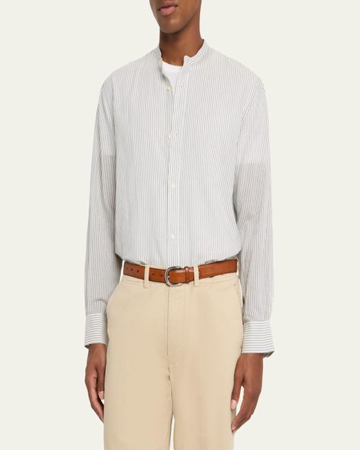 Officine Generale White Gali Band-Collar Cotton Stripe Button-Down Shirt for men