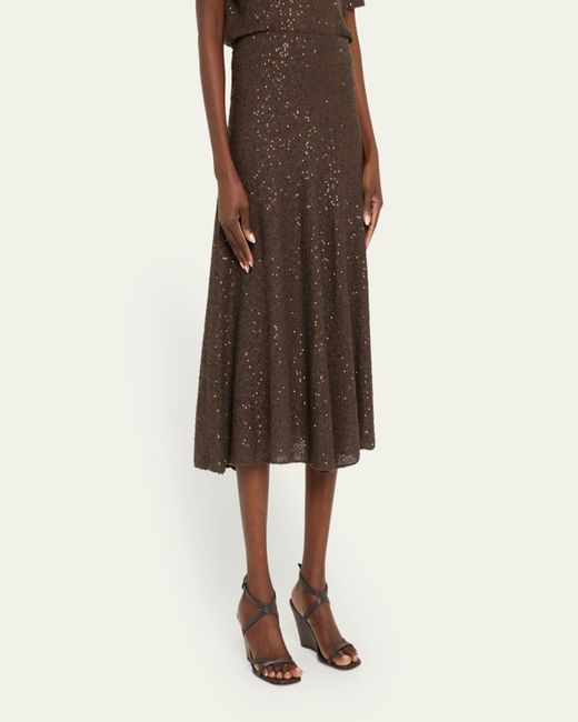 Brunello Cucinelli Natural Sequined Cashmere Midi Skirt