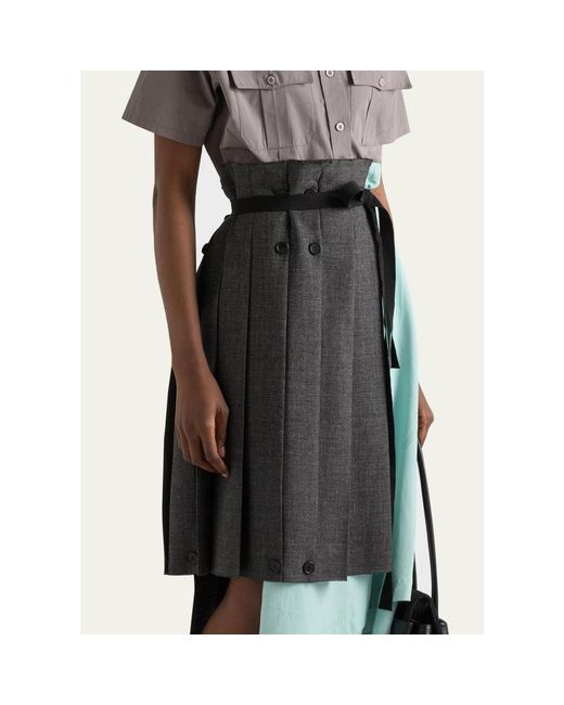 Prada Green Pleated Wool Patchwork Midi Skirt