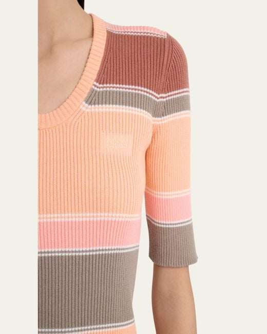 Chloé Pink Striped Crewneck Rib Knit Cotton Top