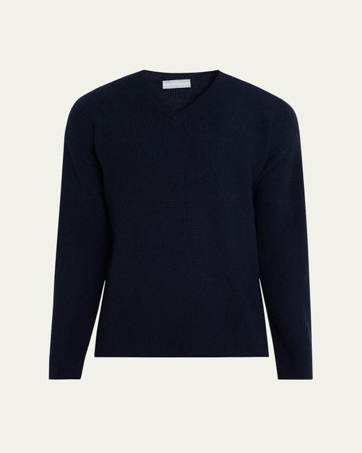 Bergdorf Goodman Blue Cashmere And Wool Rib V-Neck Sweater for men