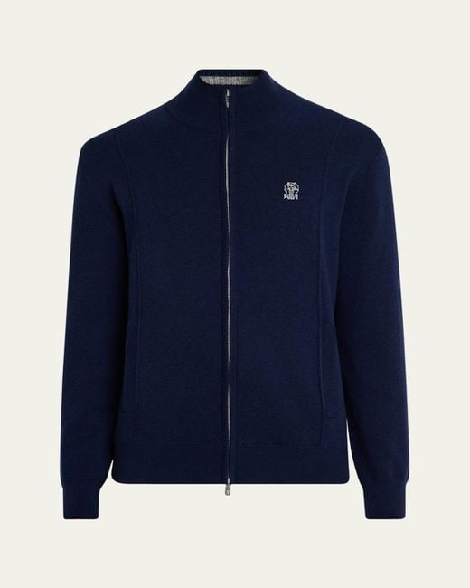 Brunello Cucinelli Blue Cashmere Knit Full-Zip Jacket for men