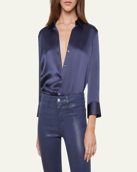 L'Agence Blue Dani Silk Satin 3/4-Sleeve Button-Down Blouse