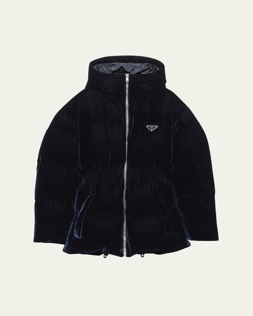 Prada Blue Cinched Velvet Puffer Jacket