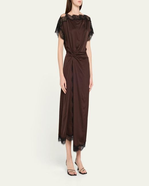 A.L.C. Brown Luna Satin Lace-Trim Midi Dress