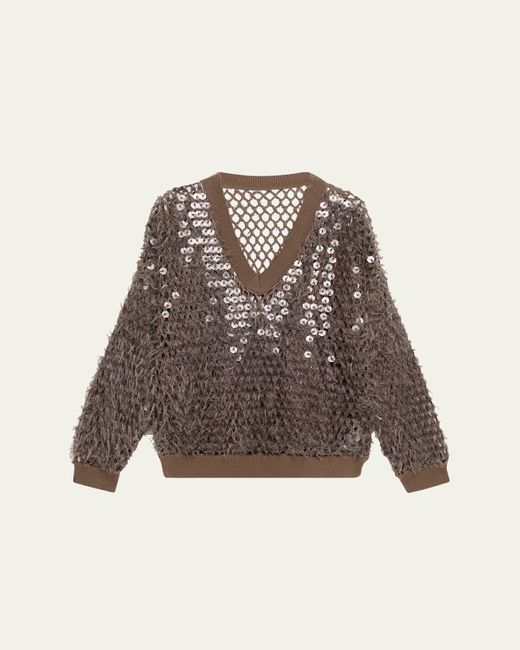 Brunello Cucinelli Brown Fringe Mosaic Yarn Net Embroidered V-Neck Sweater