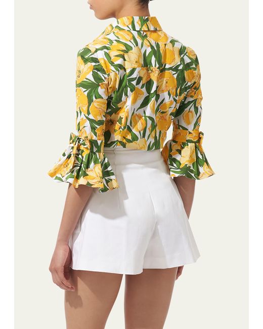 Carolina Herrera Yellow Floral Bow Flounce-sleeve Button Down Blouse