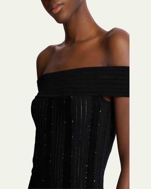 Balmain Black Off-The-Shoulder Metallic Velvet Pleated Knit Mini Dress