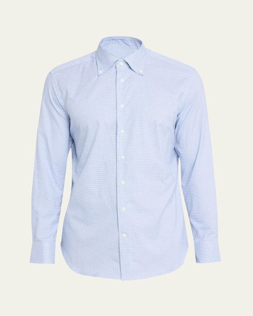 Bergdorf Goodman Blue Cotton Micro-Check Button-Collar Sport Shirt for men