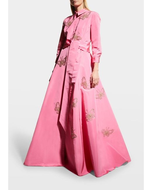 Carolina Herrera Pink Butterfly Embellished Silk Shirt Gown