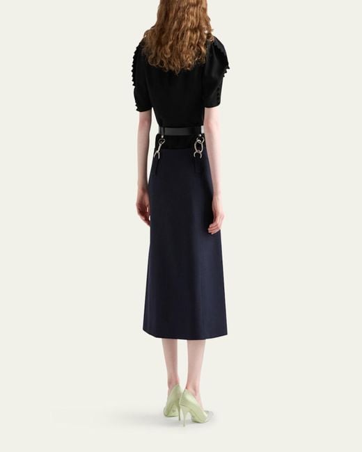 Prada Blue Floating Leather Belt Wool Midi Skirt