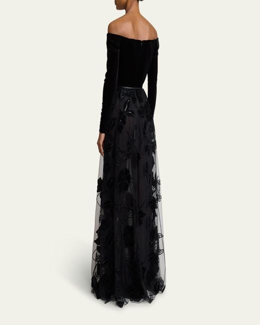 Elie Saab Black Off-The-Shoulder Velvet Sequined Tulle Gown