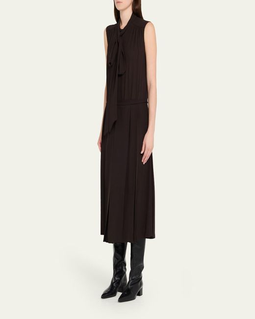 Michael Kors Black Scarf-Neck Pleated Silk Midi Shirtdress