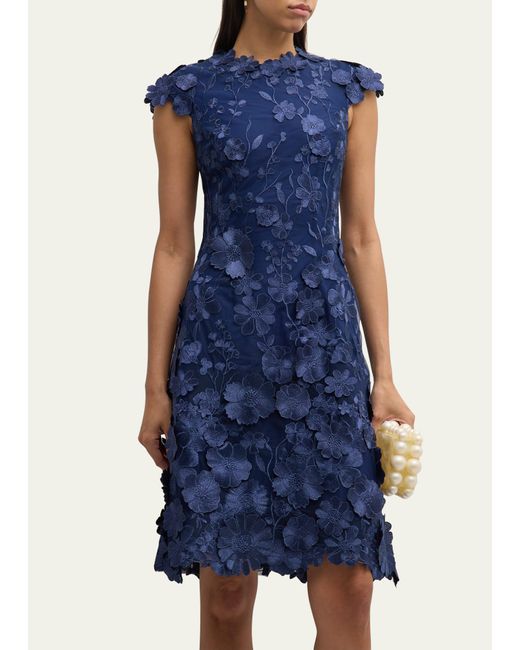 Teri Jon Blue 3d Floral Applique Lace Knee-length Dress