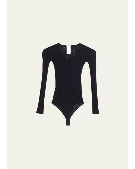 Wolford Blue Long-sleeve Snakeskin Lace Thong Bodysuit