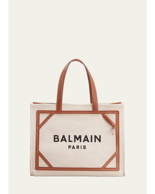 Balmain Natural B Army Medium Shopper Tote Bag In Canvas With Leather Handles