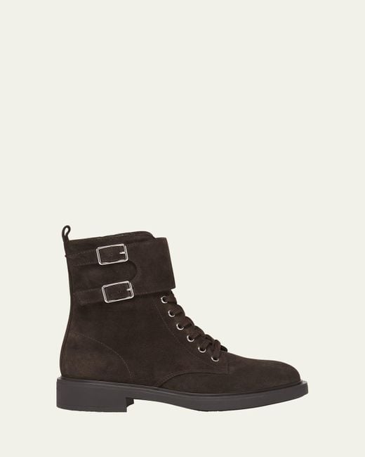 Gianvito Rossi Black Suede Buckle Cuff Combat Booties