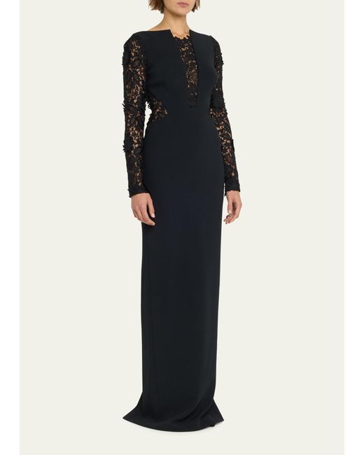 Pamella Roland Blue Black Crepe Gown With Lace Panels And Sleeves