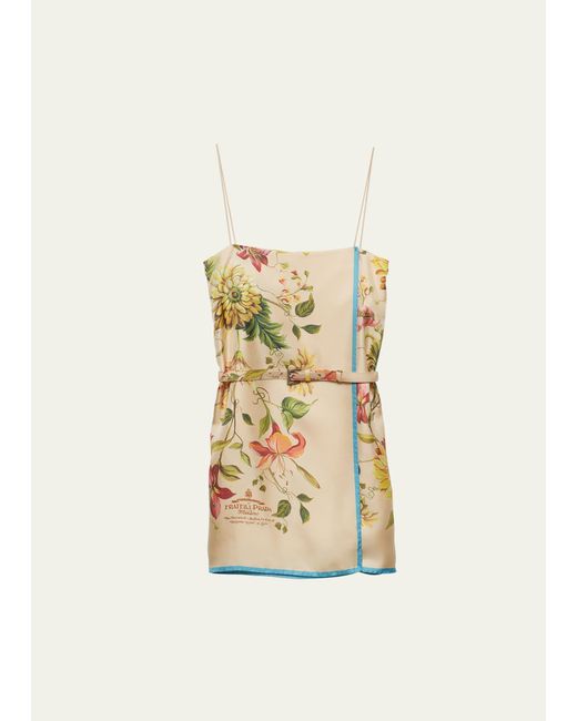 Prada Natural Floral Belted Silk Twill Mini Dress