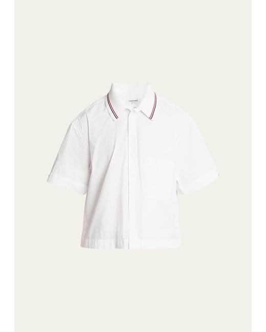 Thom Browne Natural Cotton Seersucker Knit Collar Shirt for men