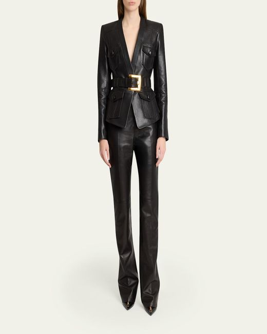 Balmain Black Belted Leather Fitted Jacket
