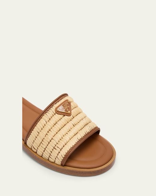 Prada Natural Triangle Logo Raffia Flat Slide Sandals