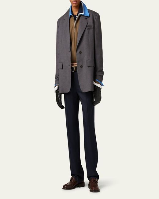Miu Miu Blue Logo Embroidered Oversized Wool Blazer Jacket
