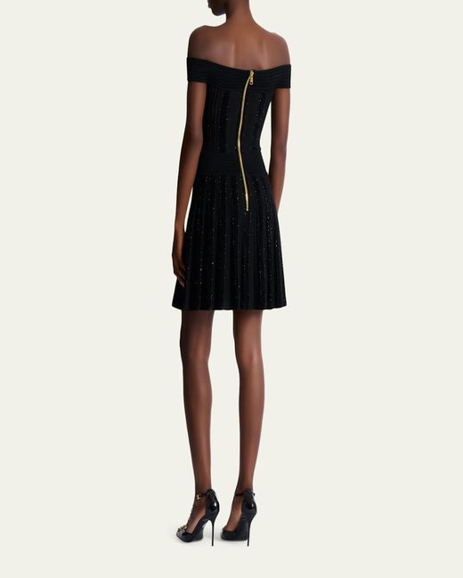 Balmain Black Off-The-Shoulder Metallic Velvet Pleated Knit Mini Dress