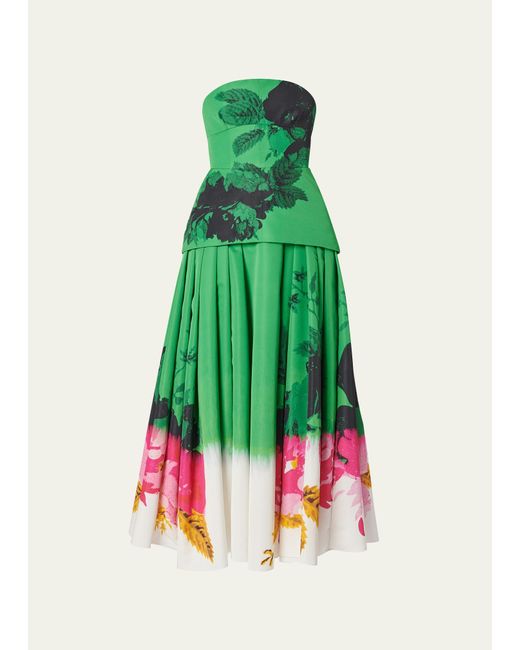 Erdem Green Floral-print Strapless Corset Full-skirt Midi Cocktail Dress