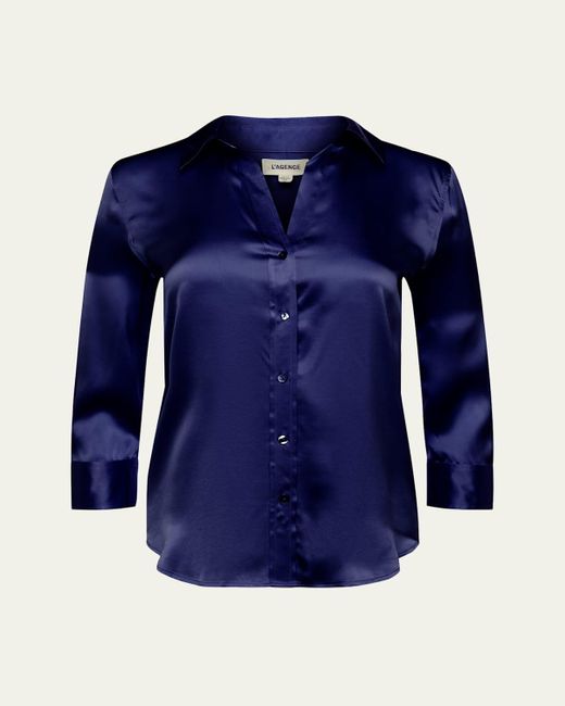 L'Agence Blue Dani Silk Satin 3/4-Sleeve Button-Down Blouse