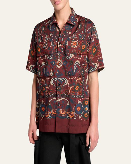 Sacai Red Floral-Print Camp Shirt for men