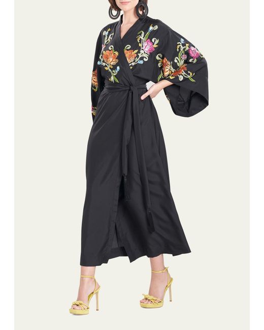 Natori Black Shinjo Floral-embroidered Kimono-sleeve Robe