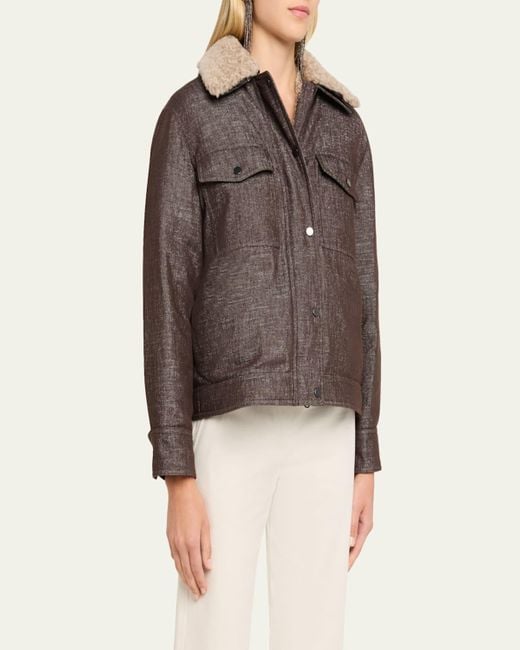 Brunello Cucinelli Brown Sparkling Wool-Blend Padded Jacket With Removable Shearling Collar