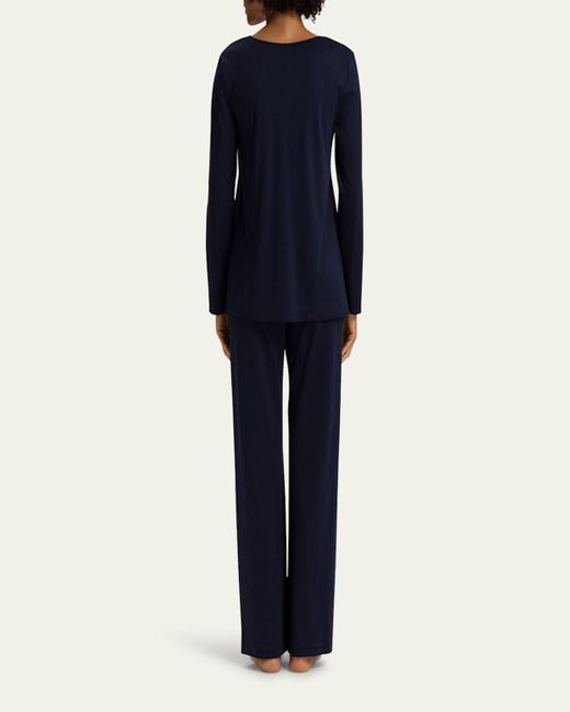 Hanro Blue Silk-Trim Mercerized Cotton Pajama Set