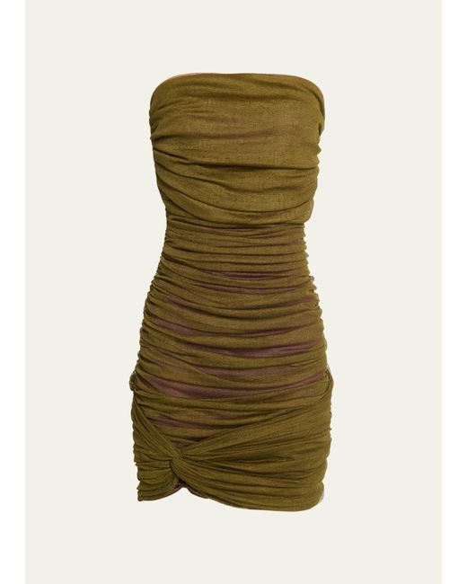 Saint Laurent Green Ruched Strapless Mini Dress