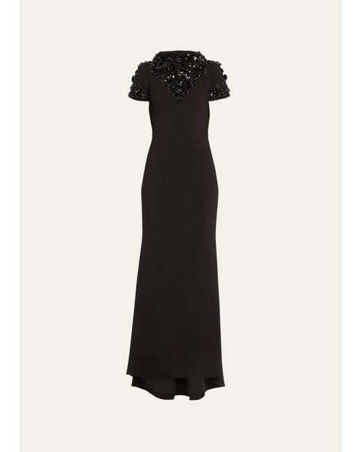 Badgley Mischka Black Funnel-neck Bead & Sequin-embellished Gown