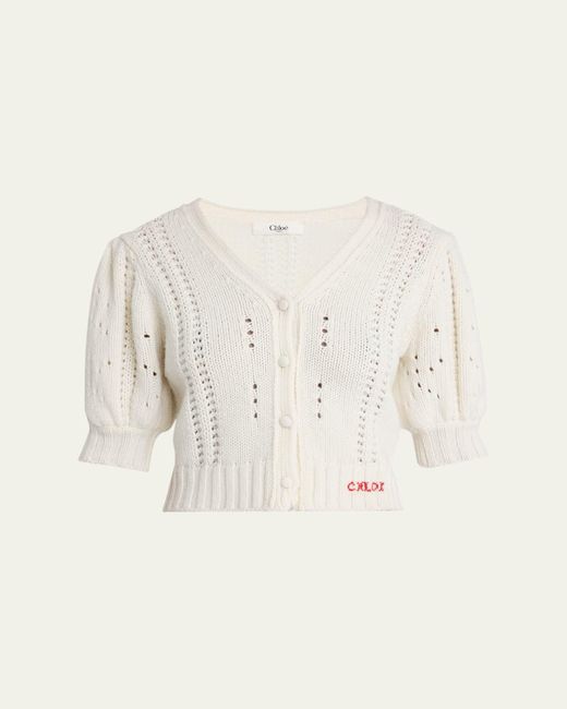 Chloé Natural Wool & Cashmere Cropped Puff-Sleeve Cardigan