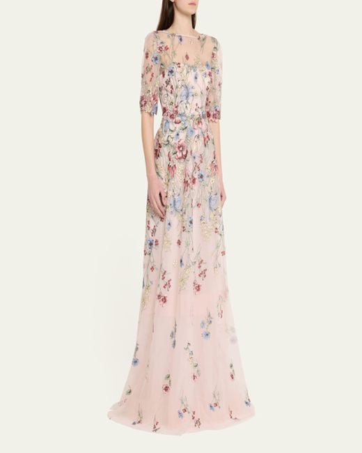 Teri Jon Floral-Embroidered Illusion Tulle Gown in Pink | Lyst