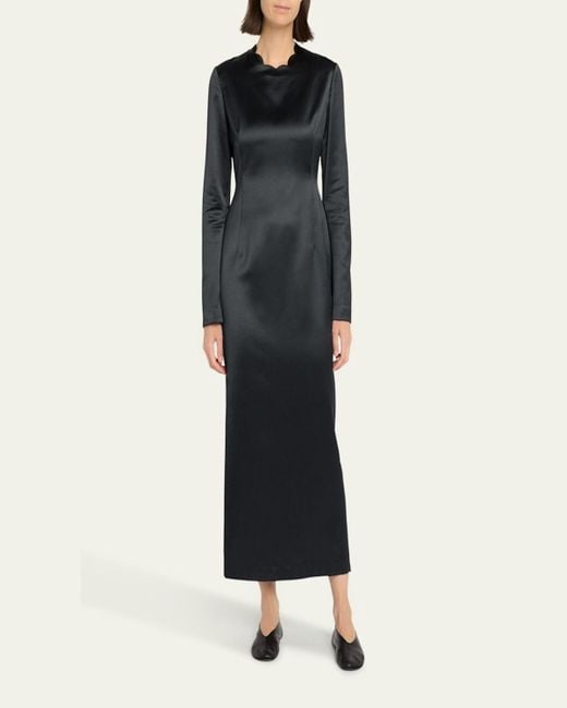 The Row Black Mitzi Long-Sleeve Silk Satin Dress