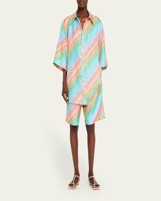 Christopher John Rogers White Crayon Stripe Jumbo Short Sleeve Silk Shirt