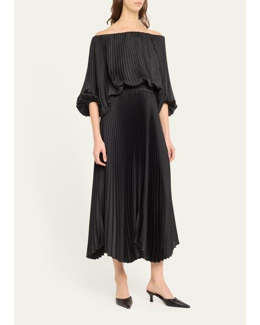 A.L.C. Black Sienna Pleated Off-the-shoulder Midi Dress