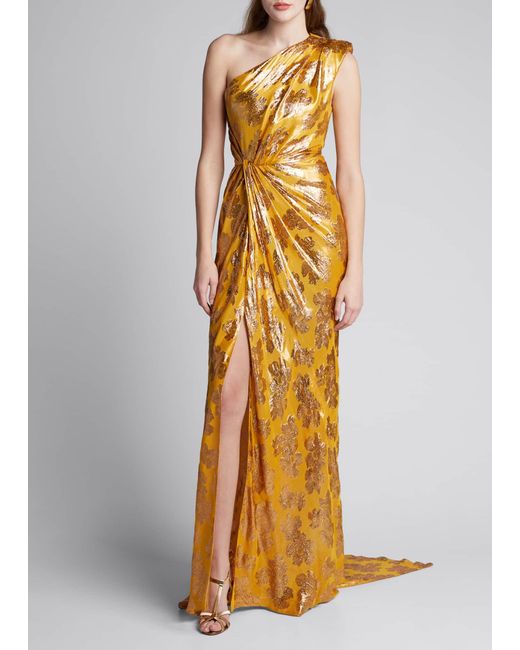 gold metallic one shoulder dress