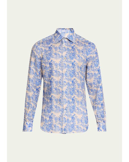 Kiton Blue Tropical Linen Casual Button-down Shirt for men