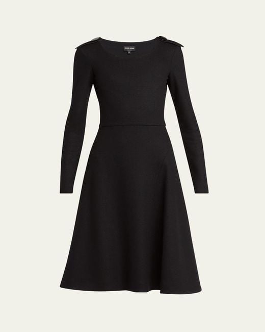 Giorgio Armani Black Shoulder-Epaulet Long-Sleeve Jersey Wool Midi Dress