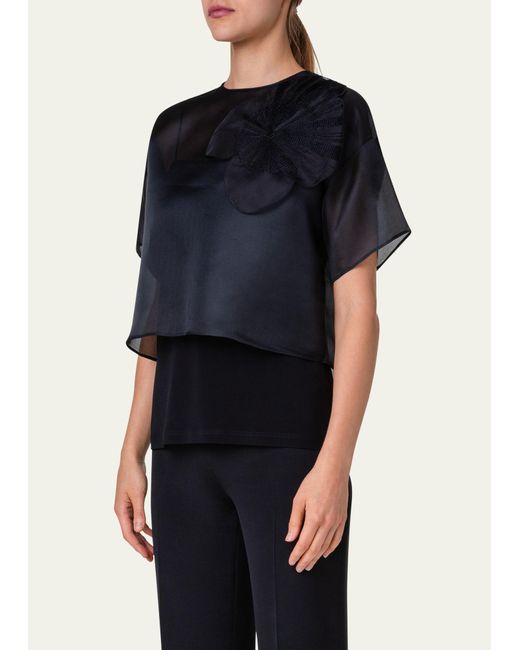 Akris Blue Organza Cropped Blouse With Poppy Patch