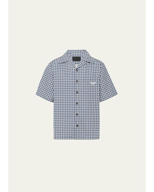 Prada Blue Geometric Poplin Camp Shirt for men